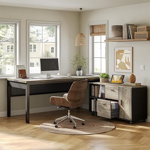 Miniatura 6 de LITTLE TREE Escritorio ejecutivo de 70.8 pulgadas con archivador lateral, estación de trabajo moderna de madera gruesa en forma de L, escritorio