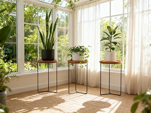Miniatura 6 de Soportes Metálicos para Plantas de Interior con Superficies de Madera, Sostiene Macetas de hasta 12" de Diámetro, Capacidad de 120 lb Cada Uno -