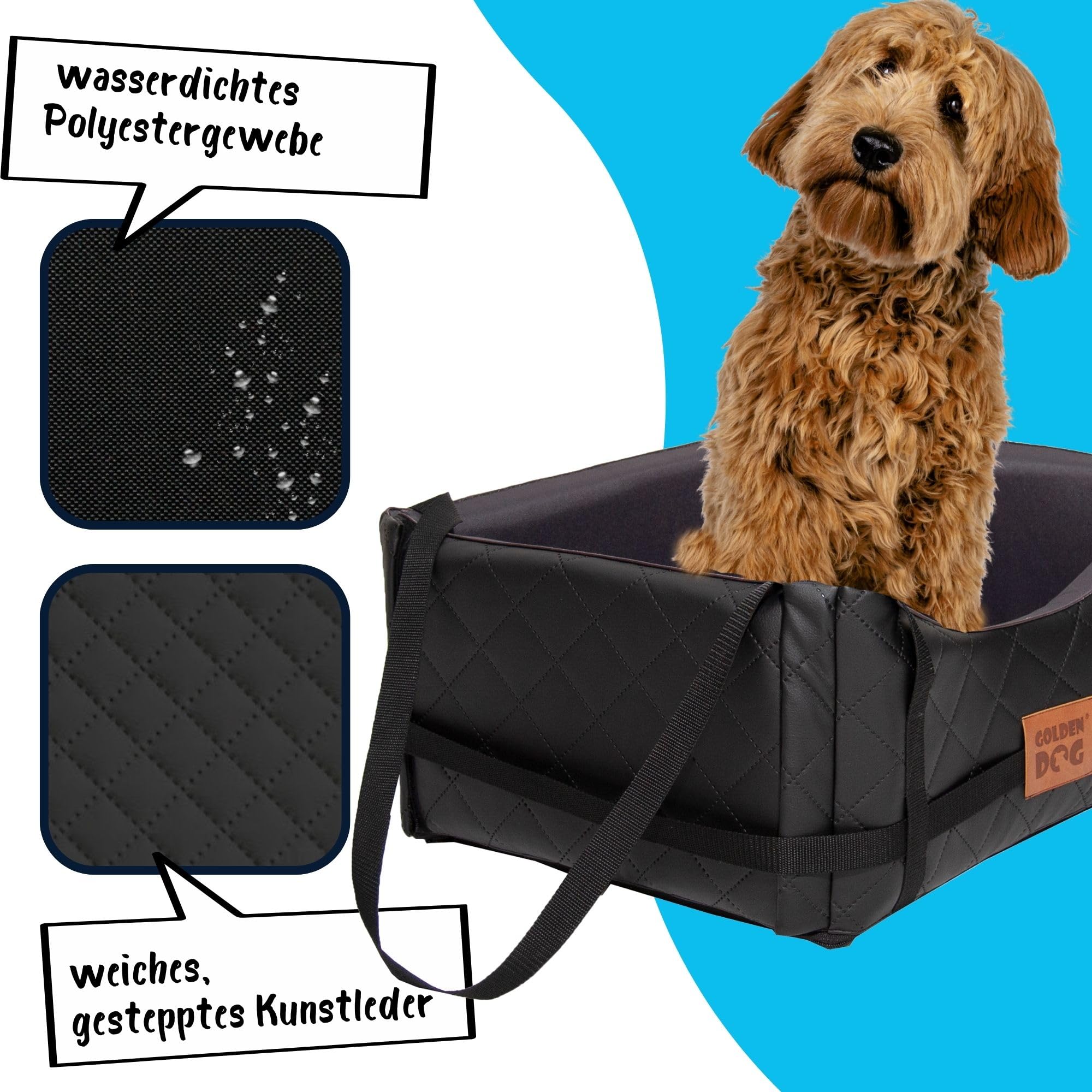 GoldenGroup Hundeautositz Kunstleder Hundesitz Hundebett Autokörbchen Hundedecke Hundekorb Transportbox Autositz Gesteppt für Rückbank Vordersitz M-55x45x25h