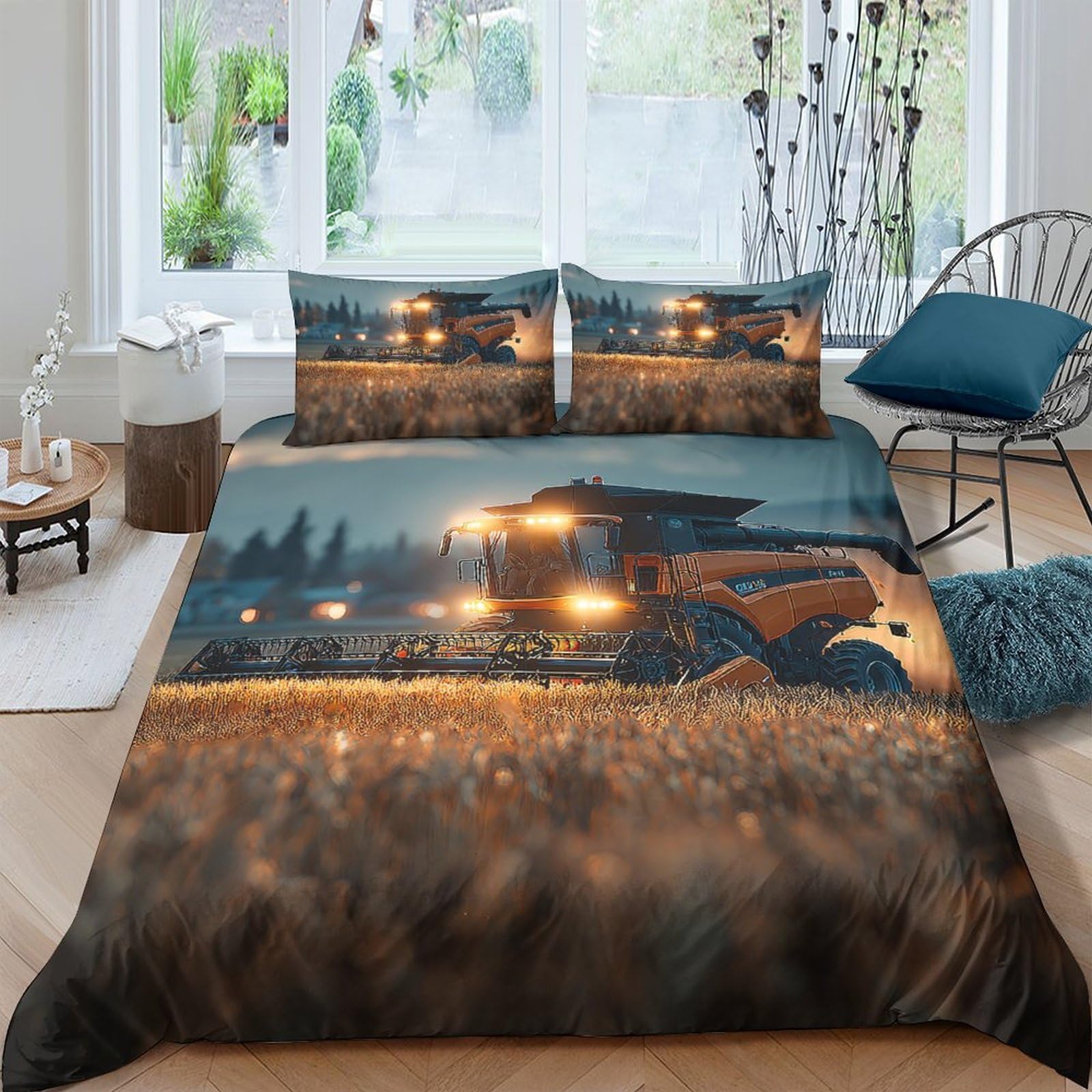 Ctjqhvkz Style-6 3D Printed Night Harvest Fitted Sheet Microfiber Soft Wheat Field Tractor Bed Cover For Bedroom Guest Room Decor Single（135X200cm）