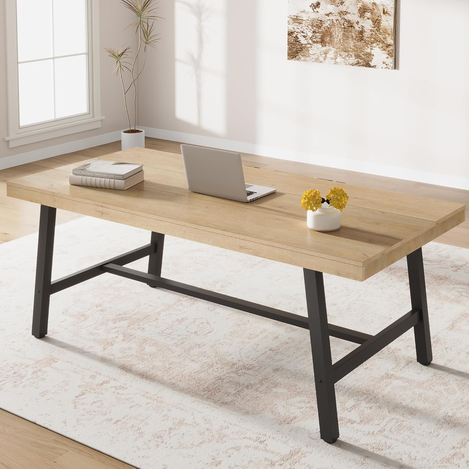 Garvee 70.87 Inch Computer Desk, Extra Long Office Desk for 2 Monitors, Heavy Duty Industrial Study Table for Home Office, Large Rustic Wooden Metal Workstation, Natural