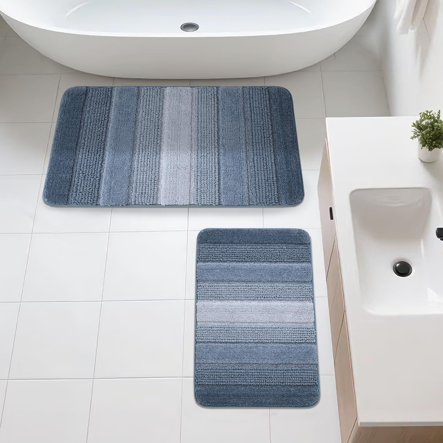 kmson 2 pcs ombre chenille bathroom rugs set, non-slip shower mats for bathroom floor & bathtub, ultra soft washable shaggy bath rugs, thick absorbent microfiber bath mat set blue