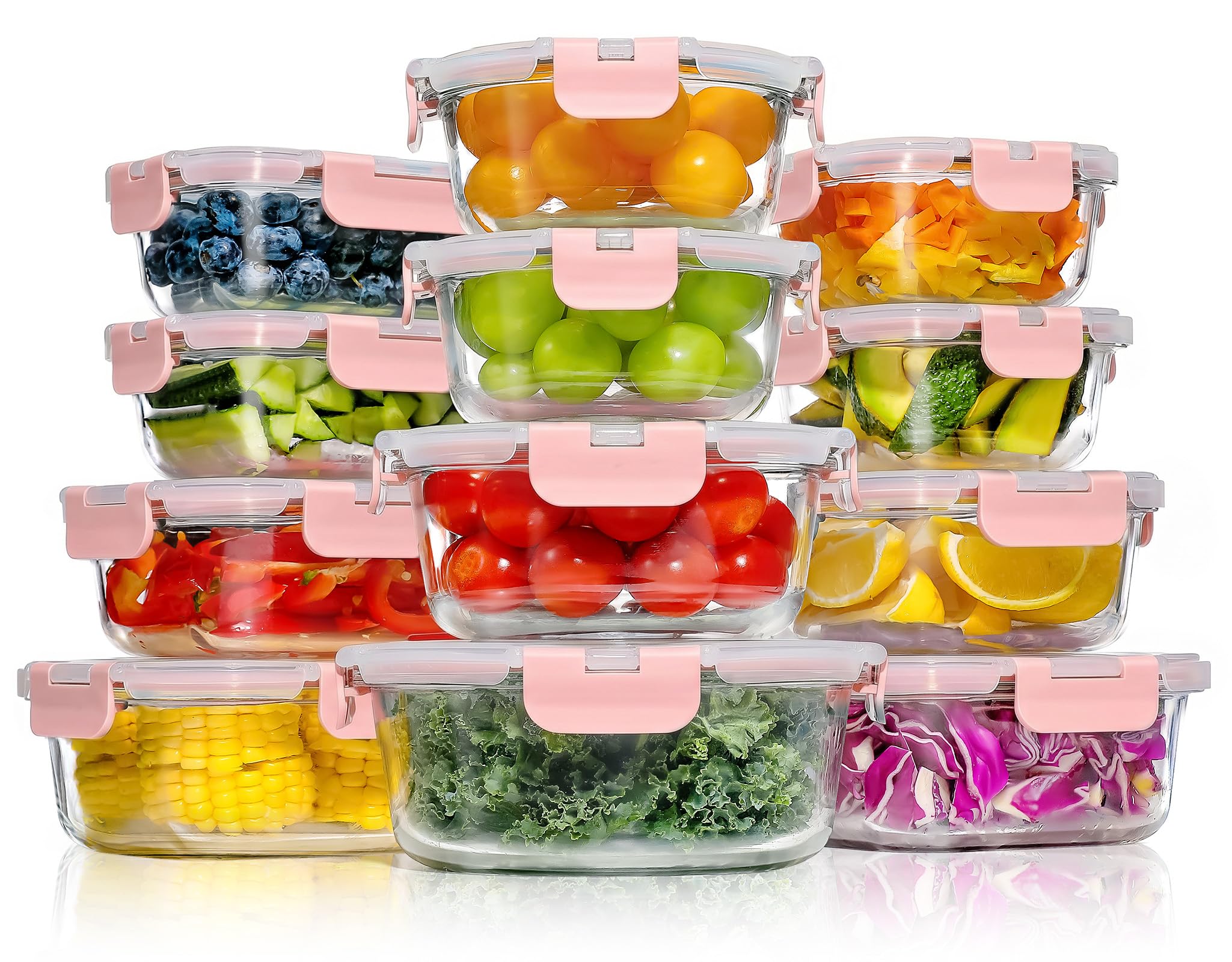 YASHE Glass Containers with Lids, 12 Pack Thick & Durable Food Containers - Stackable Airtight Glass Meal Prep Containers, BPA-Free Food Storage for Microwave, Oven, Freezer and Dishwasher, Pink