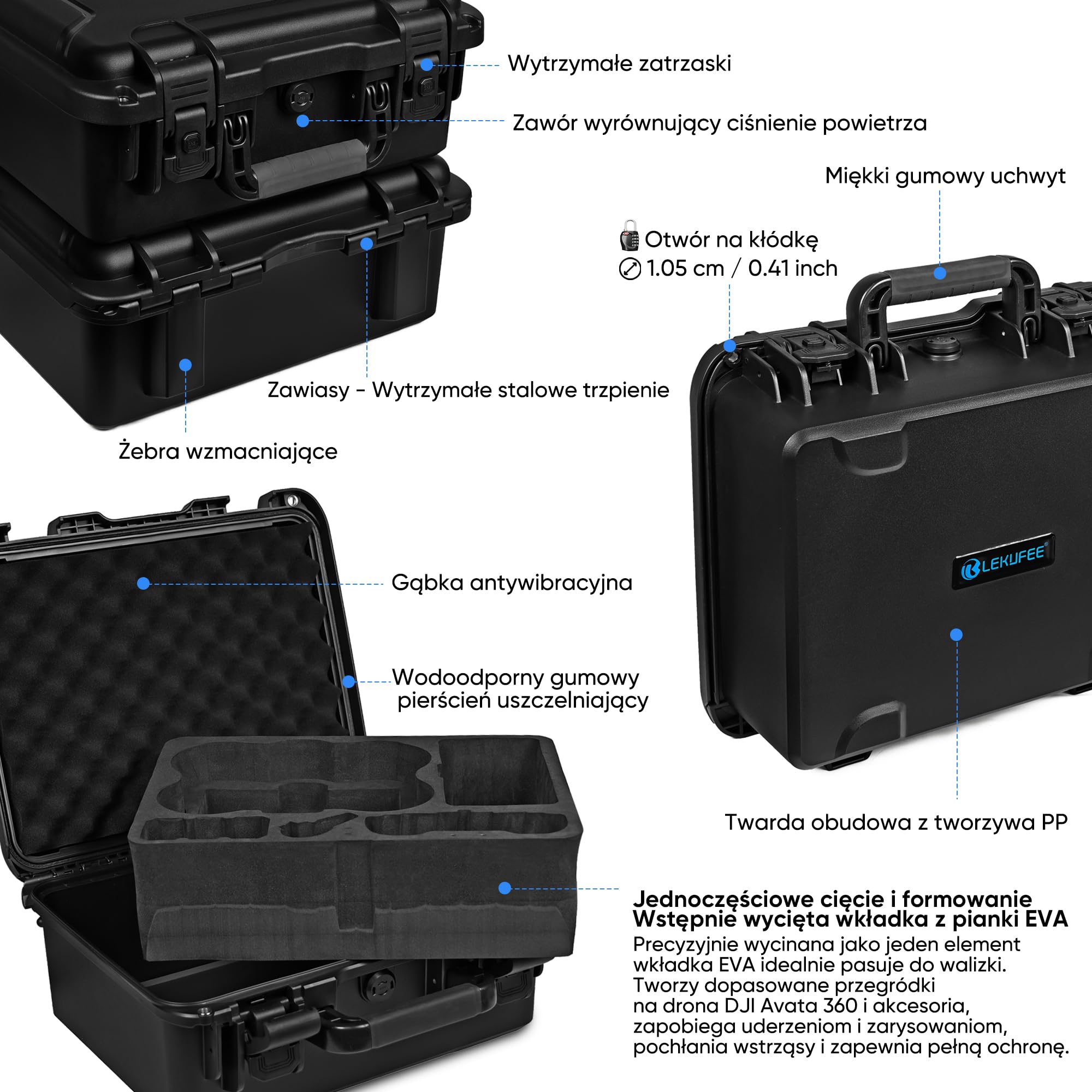 Lekufee Wodoodporna twarda walizka transportowa do drona DJI Avata 360, Motion Fly More Combo, baterii (5 szt.), Goggles N3/3, RC Motion 3, DJI RC 2/N3/N2, kontrolera FPV 3 oraz akcesoriów (tylko w