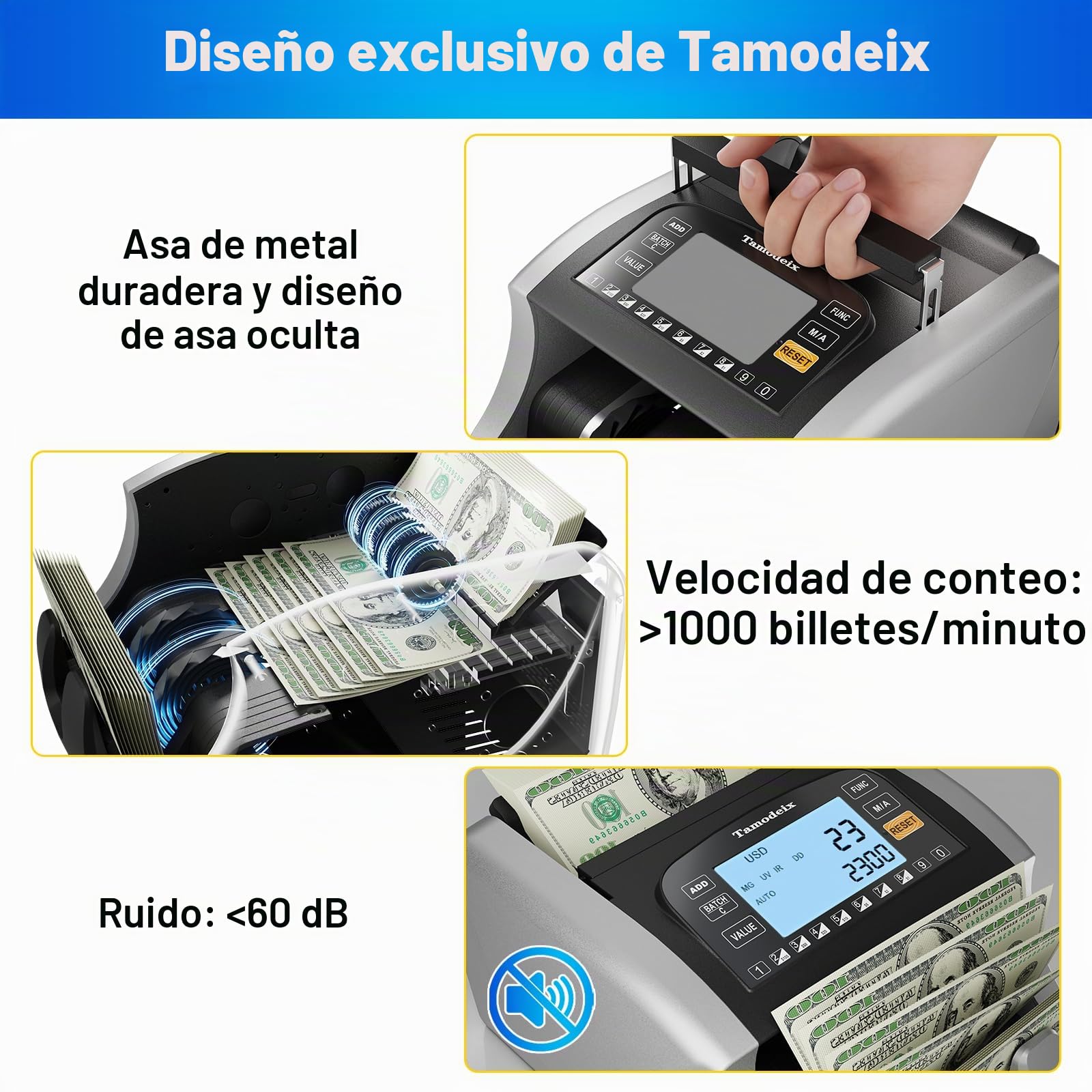 NX270 Contador de Billetes Máquina Contadora de Efectivo en Euro y USD y GBP con LCD Grande y Pantalla Externa para Pequeñas Empresas, No cuenta montos mixtos