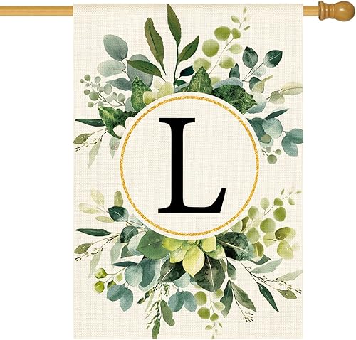 AVOIN colorlife Bandera floral de casa con monograma de letra L, 28 x 40 pulgadas, doble cara exterior, apellido familiar, inicial, decoración para