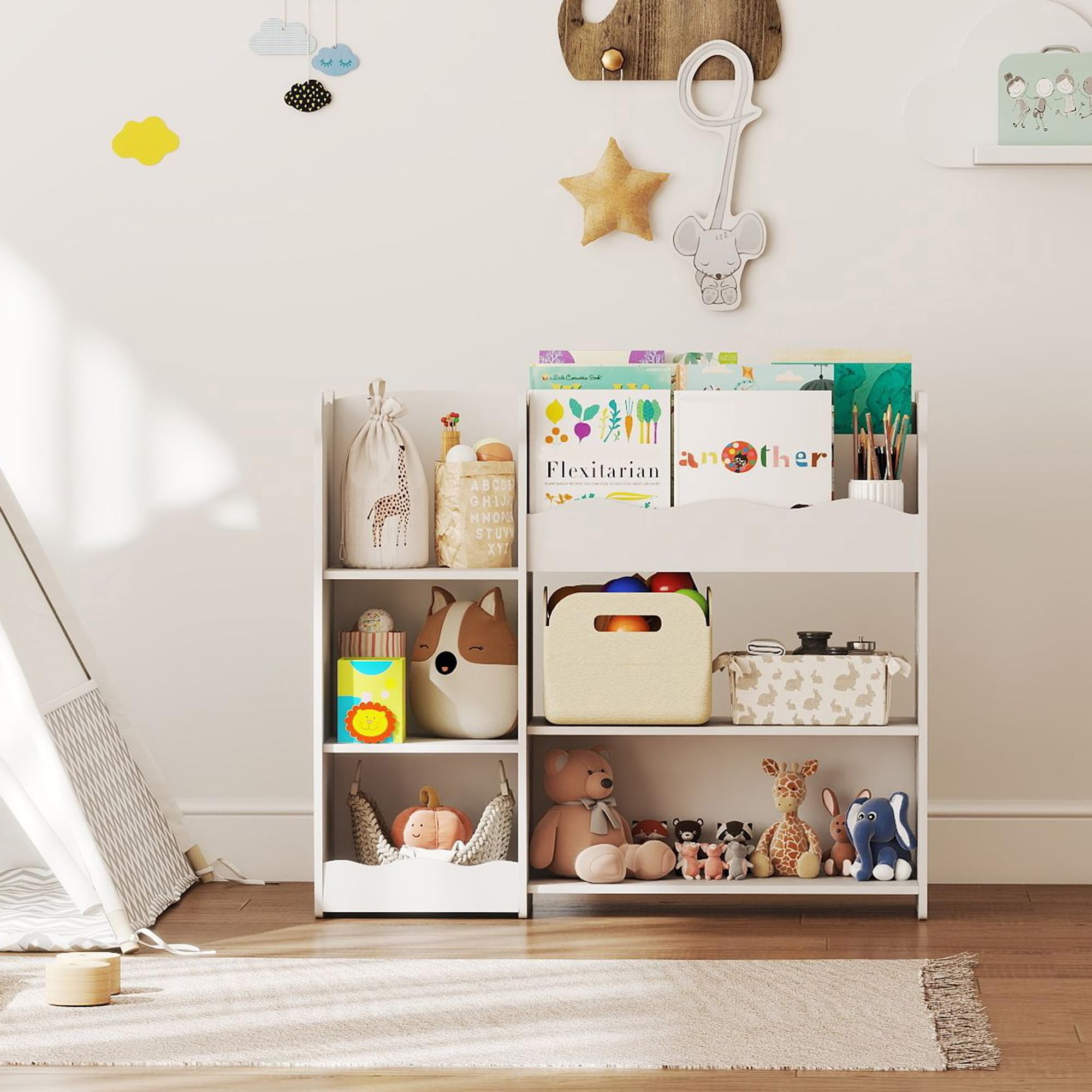 AIYAPLAY Scaffale per giocattoli per bambini con ripiani aperti, scomparti, design con orsacchiotti, organizer per giocattoli per camera da letto, sala giochi, asilo nido, bianco