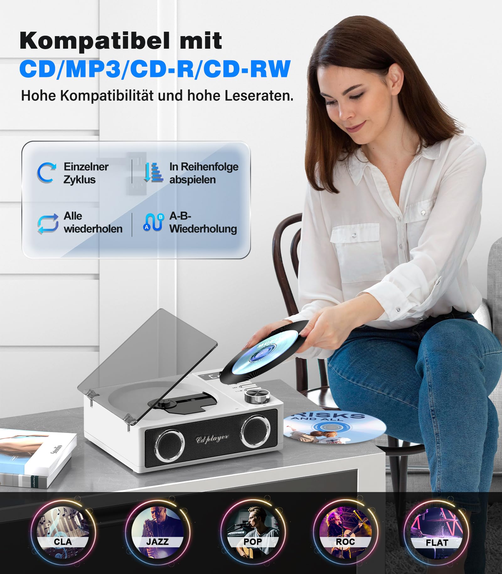 Greadio CD Player Tragbar mit Bluetooth 5.3, 4000mAh Wiederaufladbarer CD-Player mit Fernbedienung, HiFi-Sound-Lautsprecher, unterstützt USB, TF, AUX, LED-Display für Zuhause/Geschenk (Weiß)