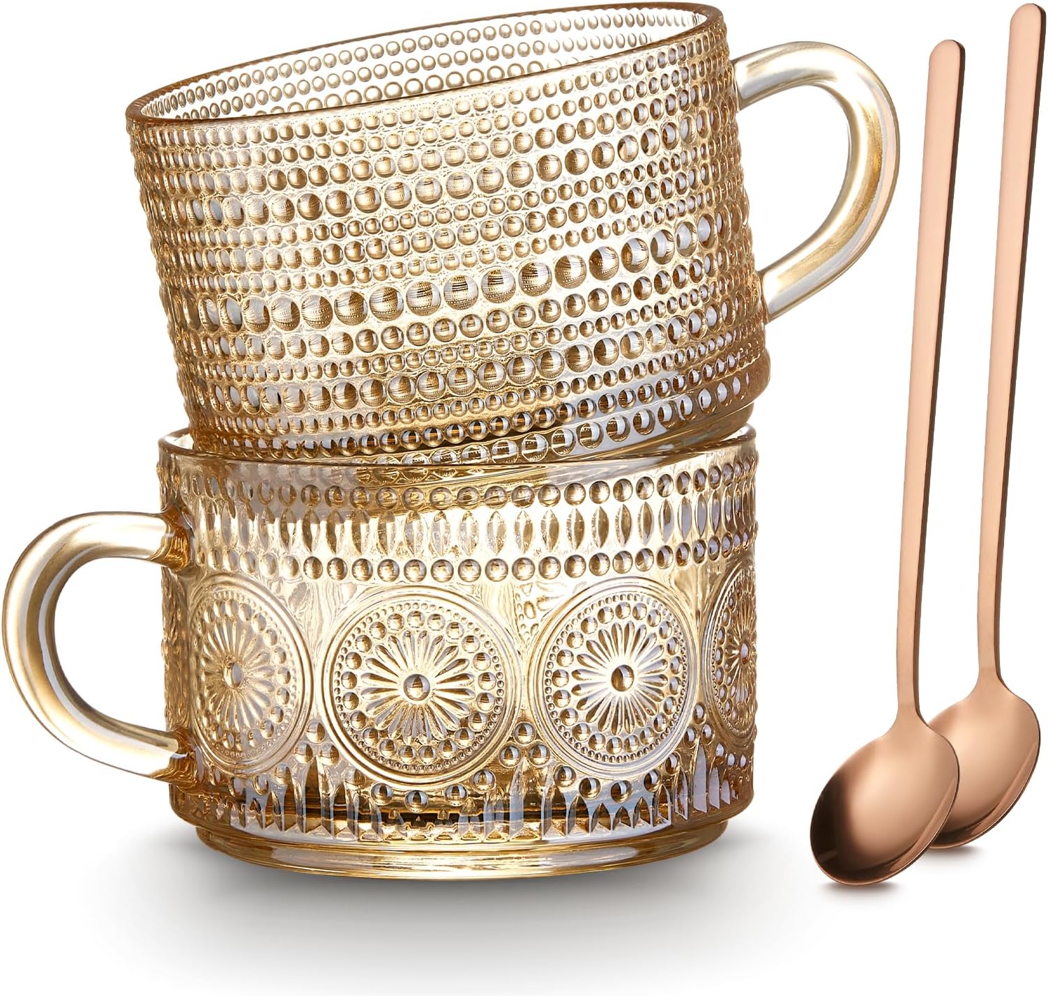 Vintage Coffee Mugs Set of 2, 14 oz Glass Tea Cups with Handle, Amber Embossed Glass Cups for Cappuccino, Latte, Cereal, Milk, Hot or Cold Beverages
