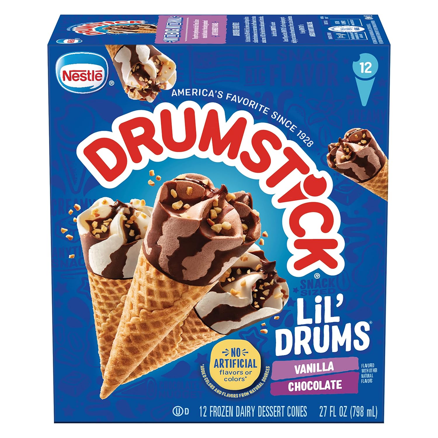 Drumstick Lil' Drums and Chocolate with Chocolatey Swirls Sundae Cones, vanilla, 12 Count