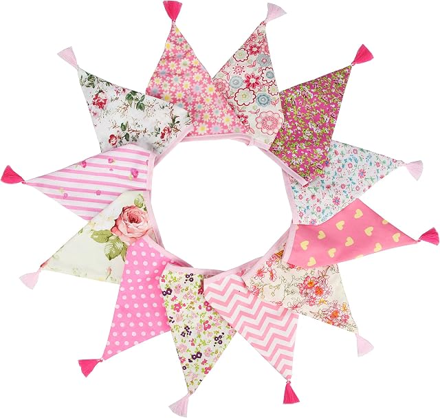 G2PLUS Double Sided Fabric Bunting Banner, 3.3M Cotton Tassel Banner with 12 Triangle Pennants, Vintage Cloth Garlands Shabby Chic Decoration for Bedroom Home Garden Decoration-Pink