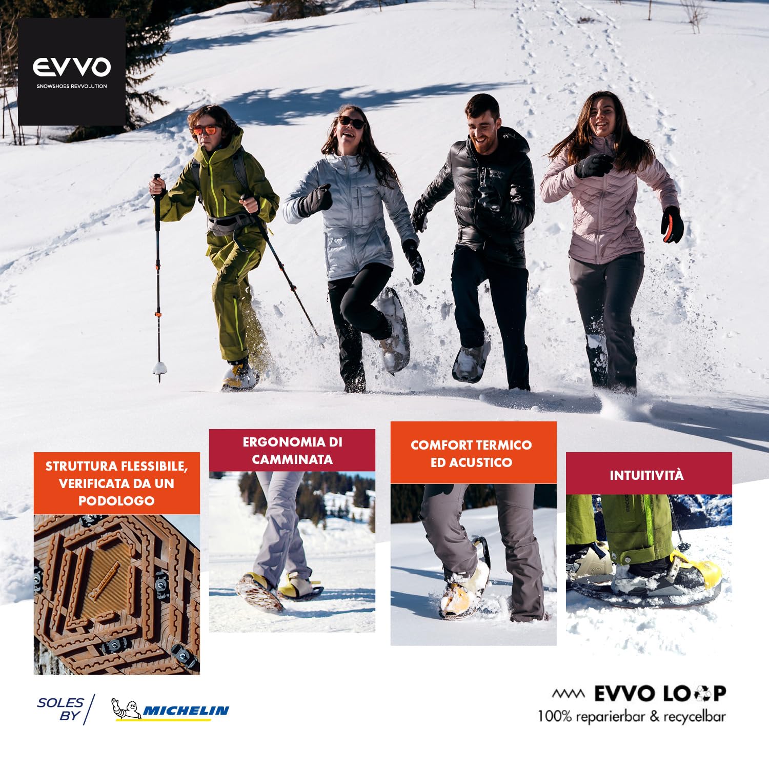 EVVO - TOREE - Racchetta da Neve Made in France con Suola Cloutées Michelin® Biosourced90®, Attacchi Regolabili, per Uomo e Donna con Borsa Trasporto Inclusa, Adatta a Tutti i Terreni