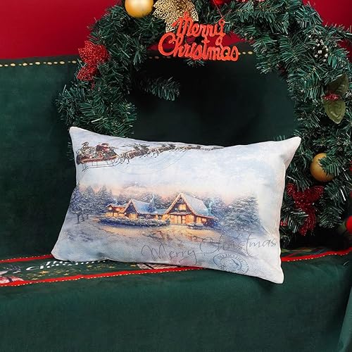 Miniatura 4 de ONWAY Juego de 2 fundas de almohada de Feliz Navidad de 12 x 20 pulgadas, fundas de almohada decorativas de Navidad, Papá Noel, renos, fundas de