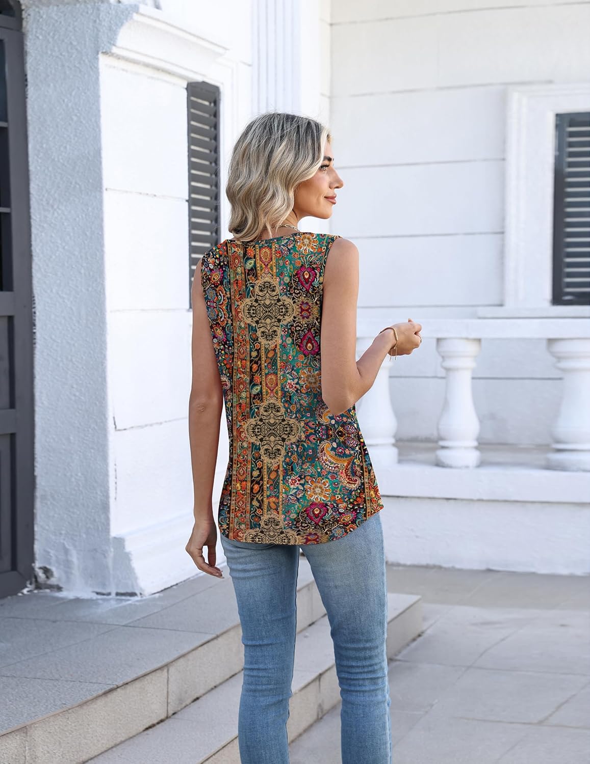 Zeagoo Womens Tank Tops Summer Sleeveless Pleated V Neck Tunic Shirts Loose Casual Button Flowy Boho Clothes S-3XL - Image 4