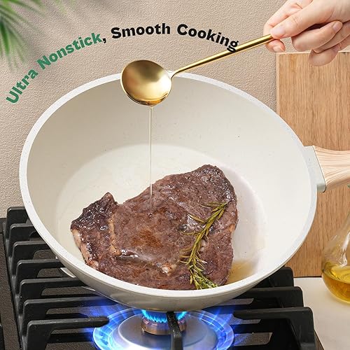 Miniatura 3 de Juego de 13 ollas y sartenes, utensilios de cocina antiadherentes, utensilios de cocina de inducción de granito blanco, no tóxico, saludable,