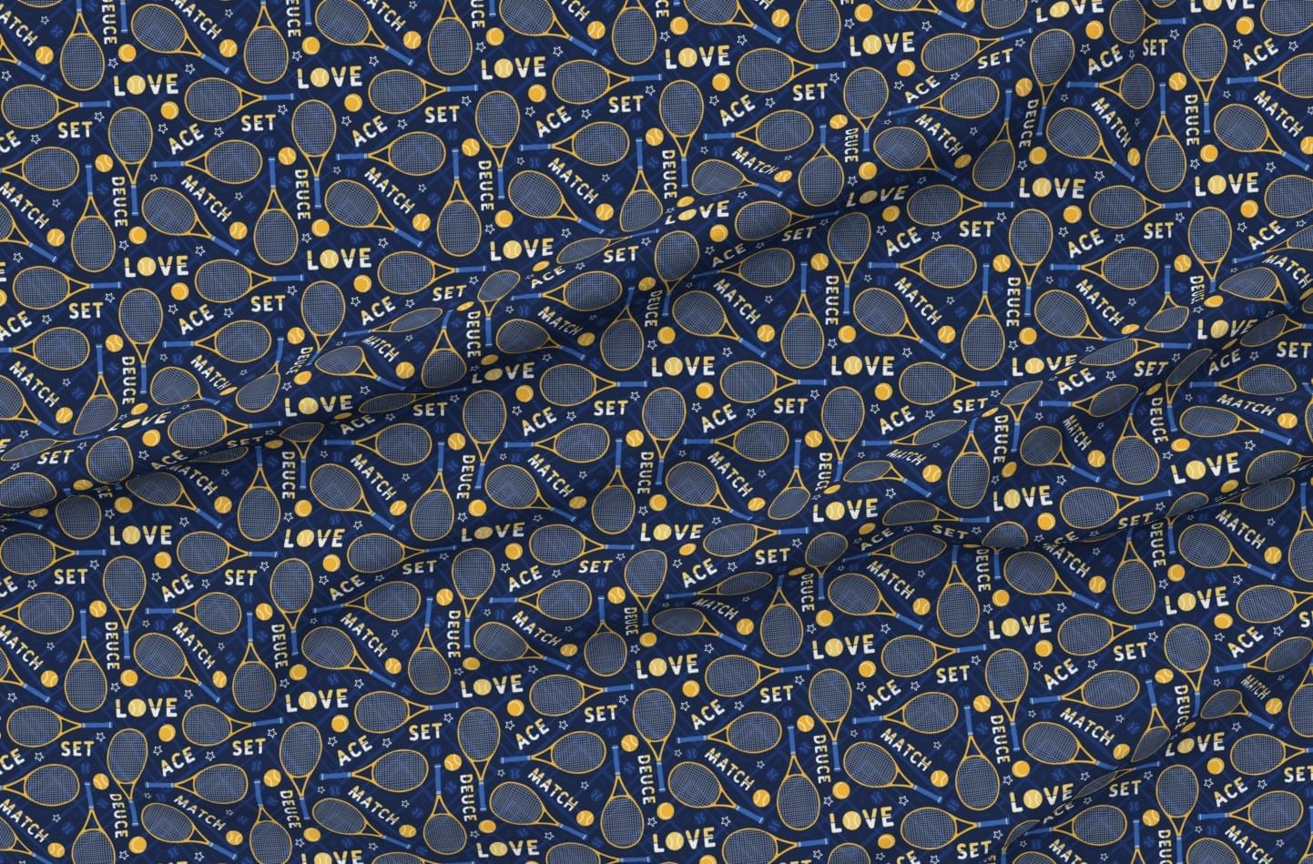 Spoonflower Fabric - Blue Tennis Terms Court Sport Exercise Athlete Whimsical Fun Country Printed on Organic Cotton Sateen Fabric by The Yard - Sewing Quilting Apparel Home Decor