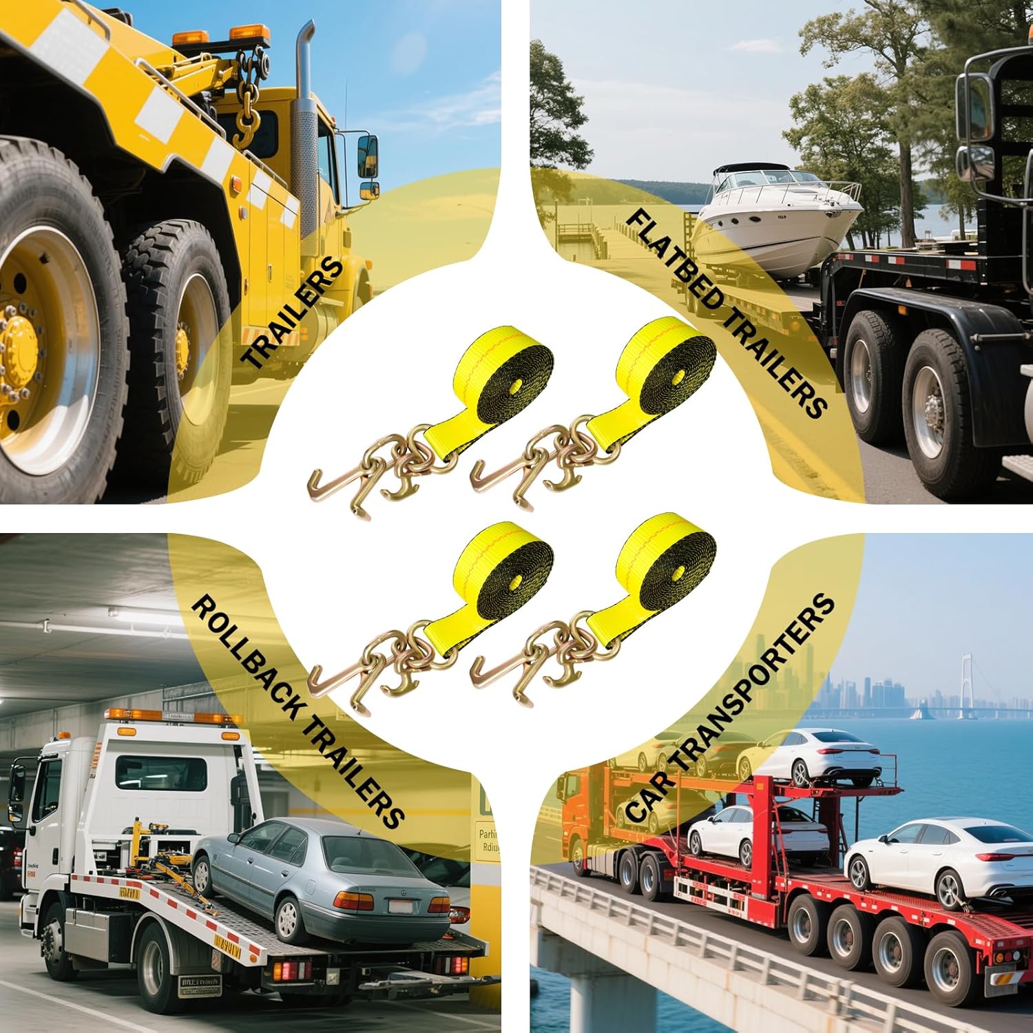 4PCs 2" x8' Recovery Winch Strap w/RTJ Cluster Hook, 10000LBS Tow Truck Car Wrecker Winch Tie Down Straps, Heavy Duty Autohauler Car Tie Down Straps