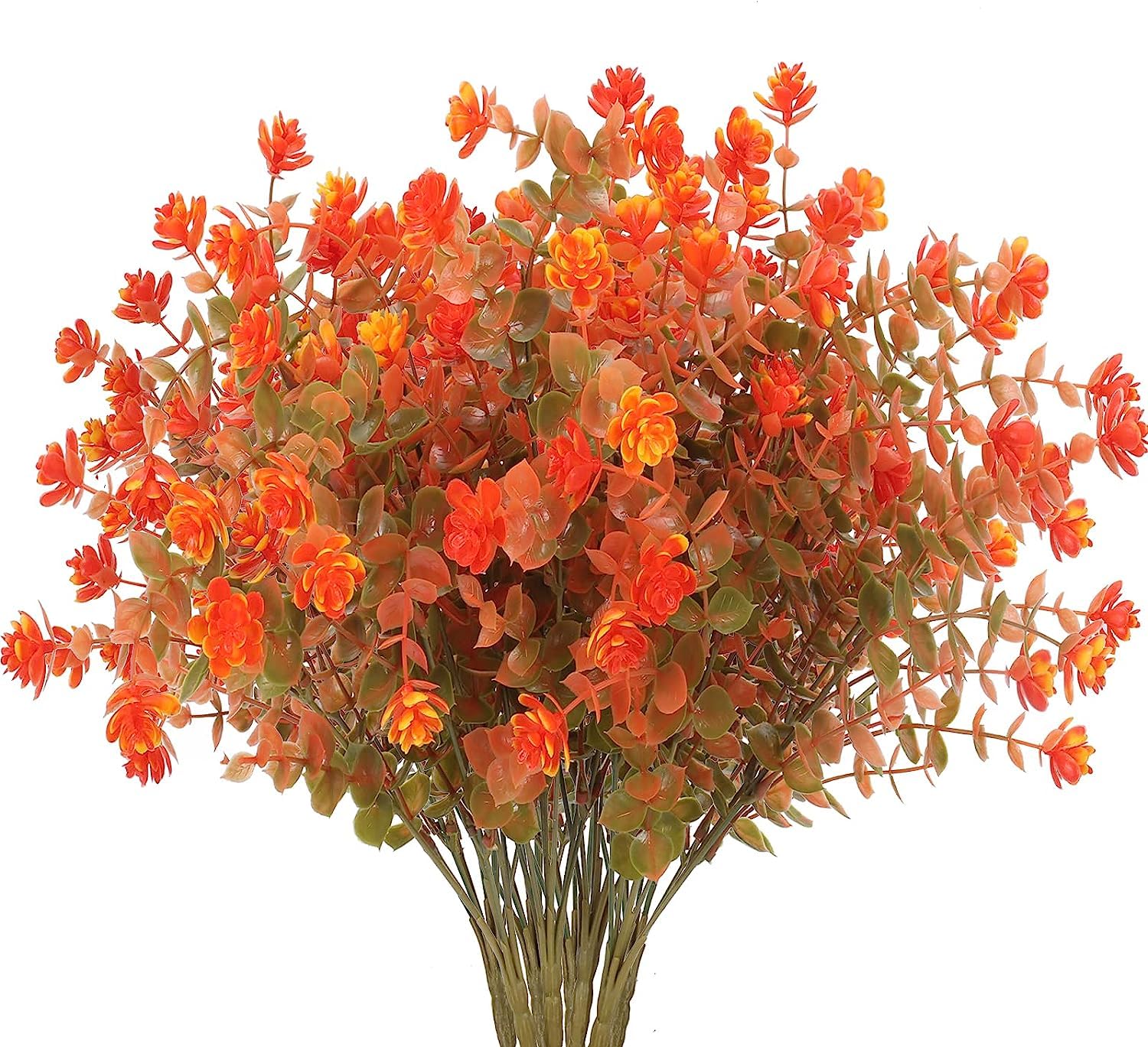 DHISUFU 8pcs Artificial Flowers Outdoor Fall Flower Fake Shrubs Plants Plastic Eucalyptus Leaves UV Resistant Bushes Faux Autumn Leaves for Indoor Outside Home Wedding Garden Decor