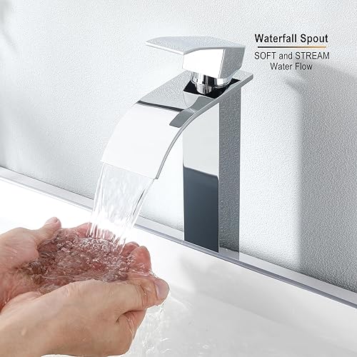 Miniatura 4 de JXMMP - Grifo de lavabo cromado para lavabo de baño, cascada, de un solo agujero, con manguera de suministro y drenaje desplegable sin