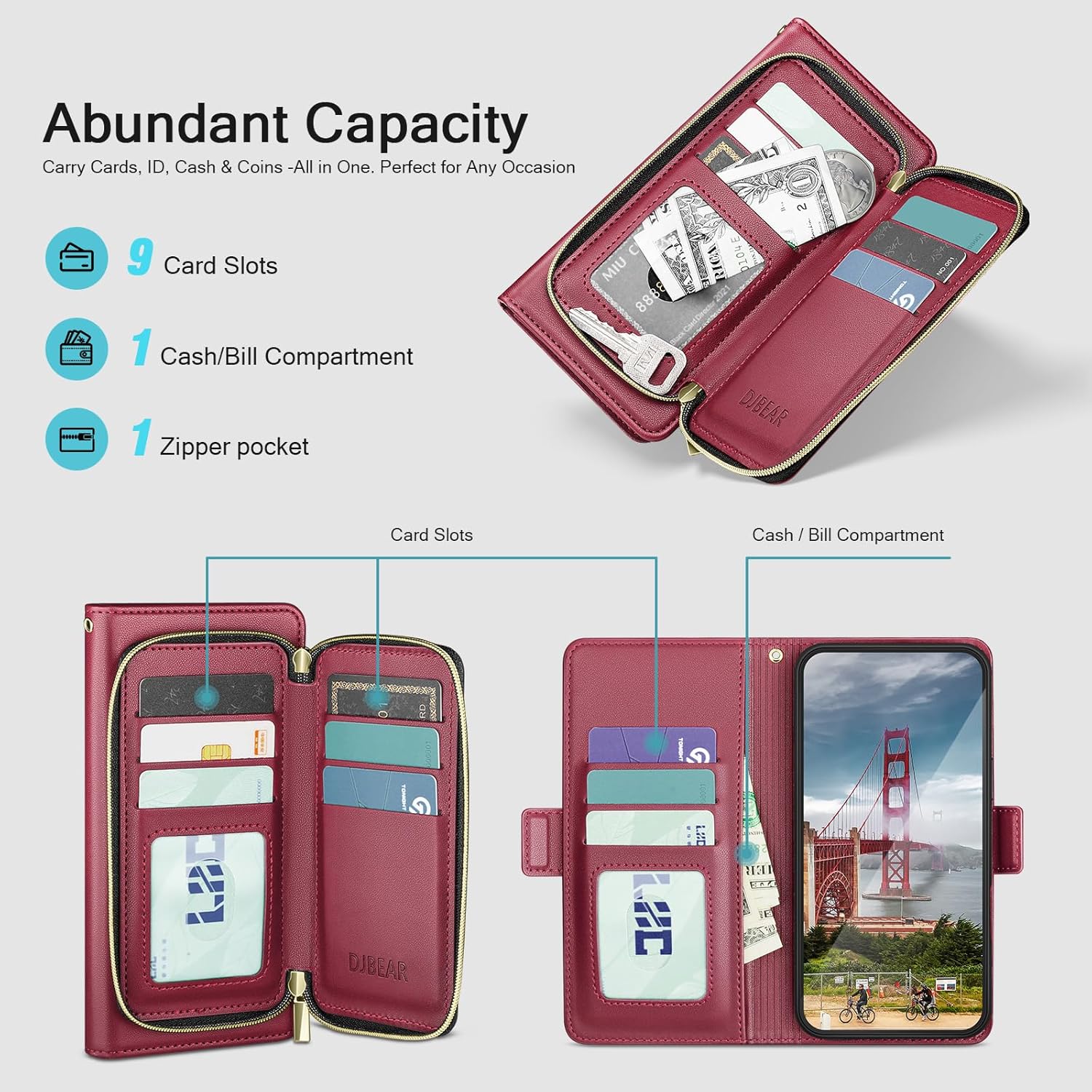 DJBEAR for Samsung Galaxy S26 Wallet Case for Men & Women, All-in-One Flip Folio Cover with 9 Card Slots, Zipper Pocket, Detachable Wrist Strap, Full Body Protection for Samsung S26 Fuchsia