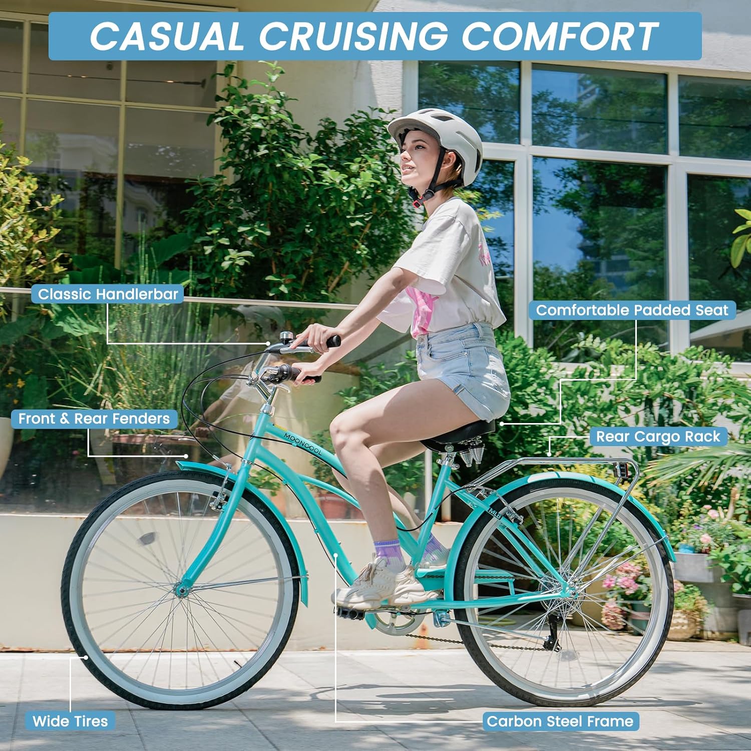 24/26 Inch Beach Cruiser Bike, 7 Speed Beach Bicycle Complete Cruiser Bike for Adults, Lightweight Carbon Steel Frame City Bikes for Women & Men, Multiple Colors