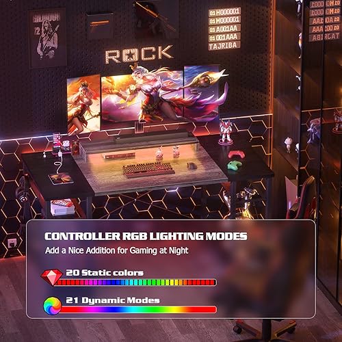 Miniatura 5 de armocity Escritorio para computadora con luces LED, escritorio de 55 pulgadas con toma de corriente y USB, escritorio grande reversible con soporte