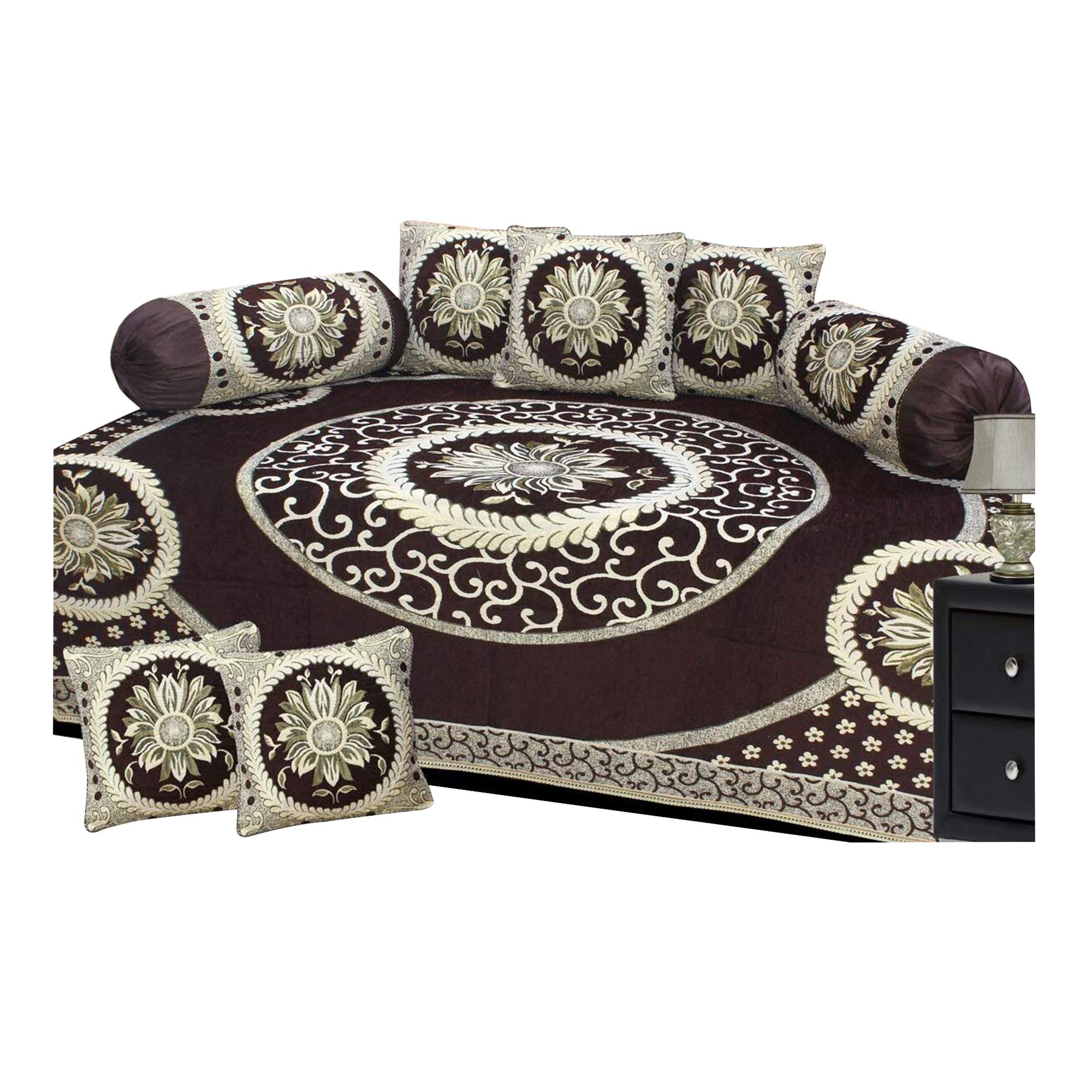 AK Decor 500 TC Velvet Diwan Set,(Set of 8) 1 Single bedsheet (90 x 60 inches), 5 Cushion Covers (16 x 16 inches) and 2 Boester Covers (31 x 16 inches) Multi-image-40