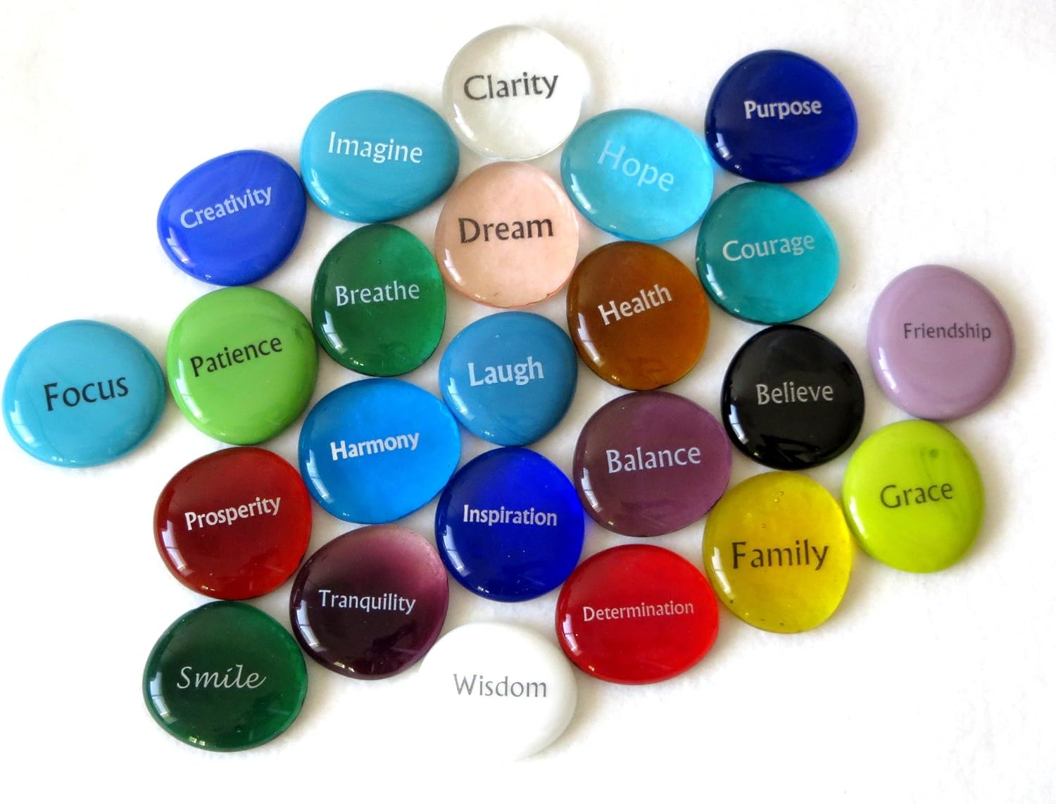 Lifeforce Glass Focus Glass Stones, 24 Inspiring, Encouraging and Motivating Single Words Imprinted on Glass Stones, Inc. Set II.