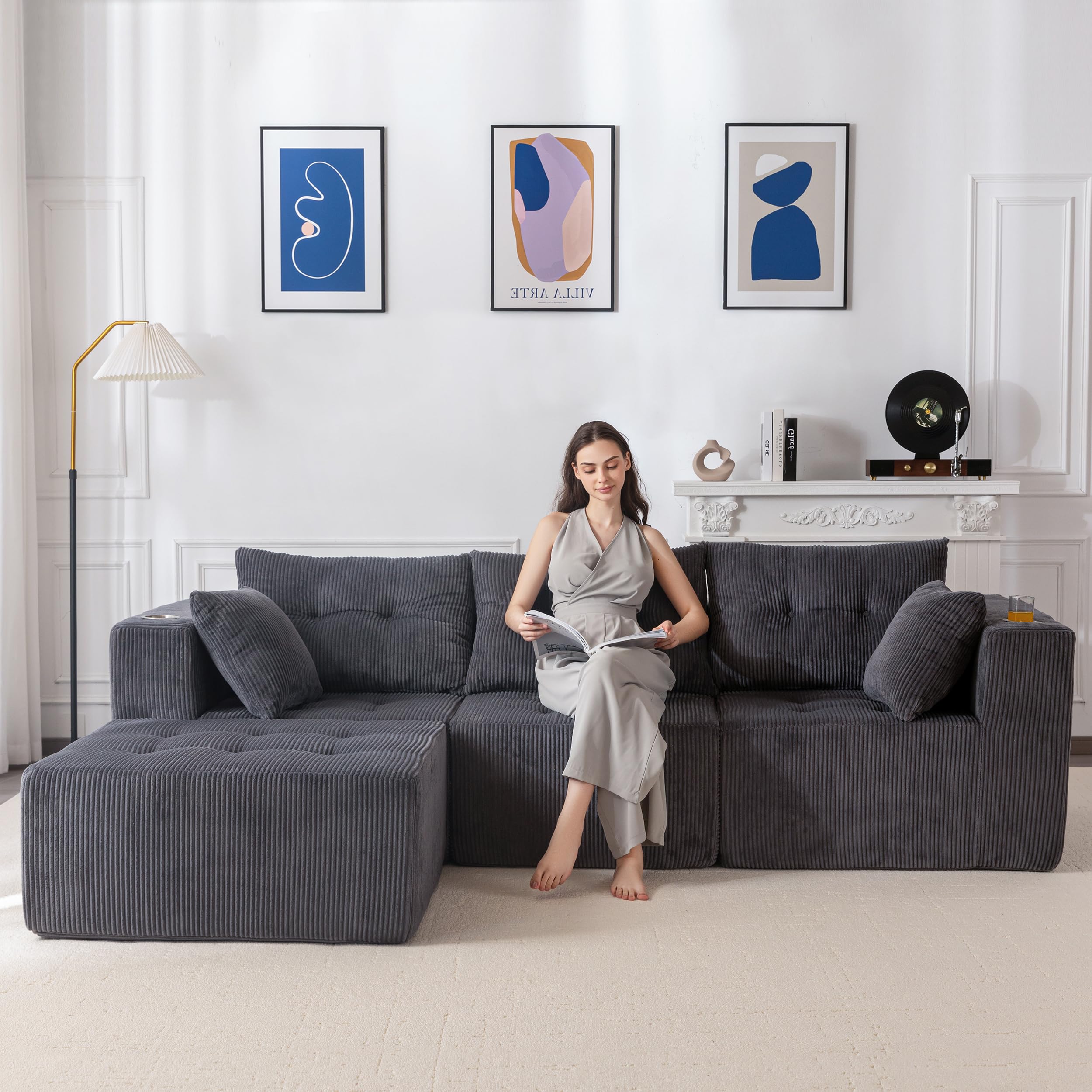 MAXYOYO Ecksofa Corduroy mit Becherhalter, Modulares Sofa umbaubar in L-Form und Doppel Schlafsofa, Boneless Couch 3 Sitzer für Wohnzimmer, Keine Montage Erforderlich