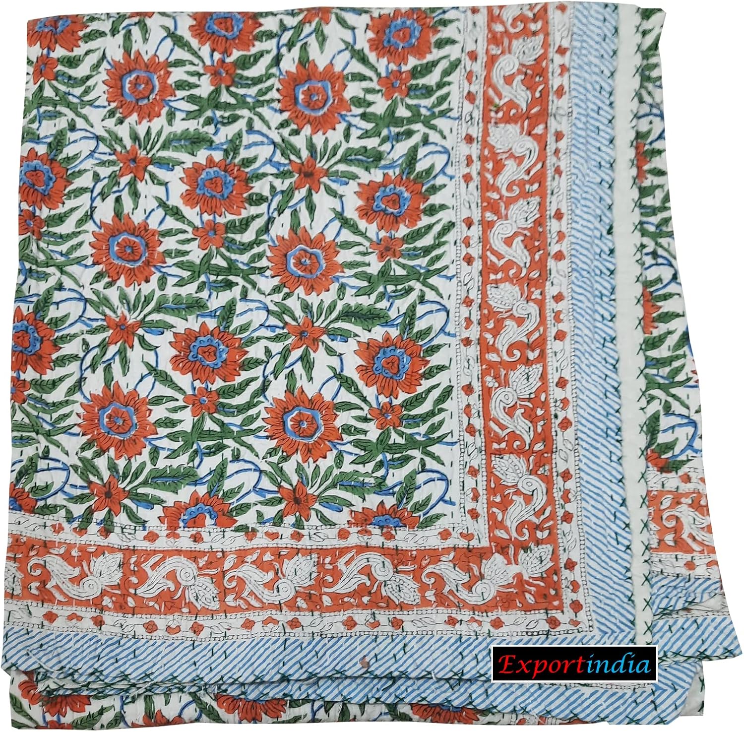 Cotton Kantha Quilt, King/Queen Size 90x108 Inch, Handmade, Soft, Reversible, 100% Cotton, Floral Print, Dry Clean Only