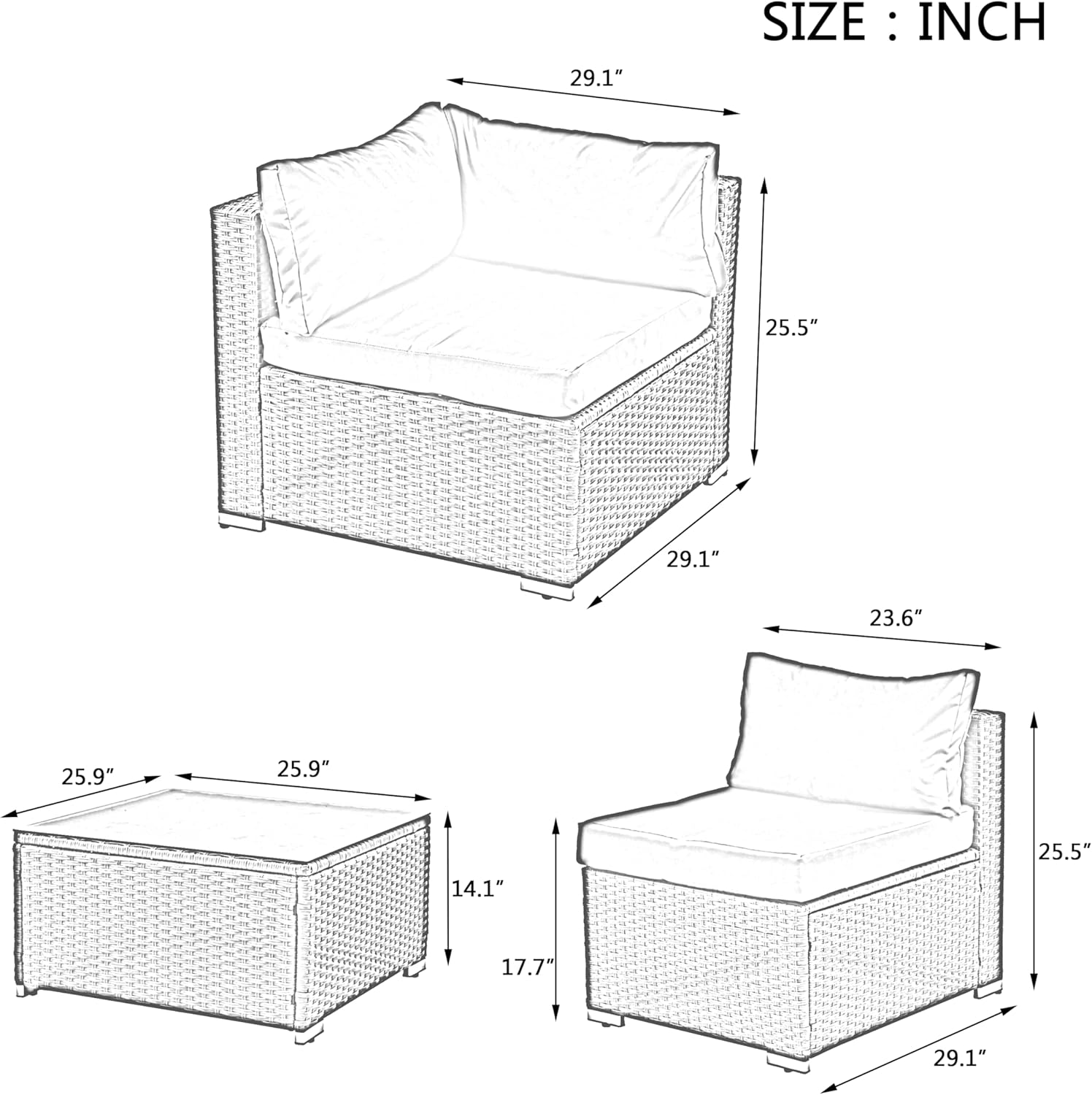 Dimensions diagram of individual furniture components