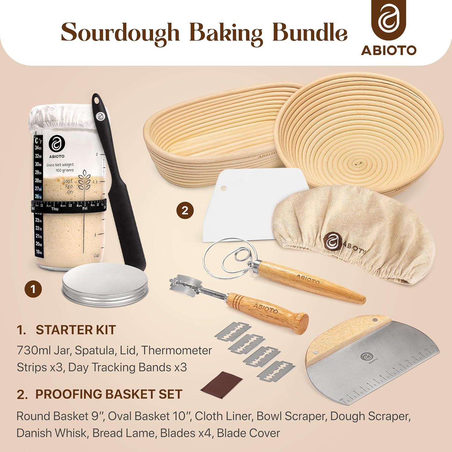 Sourdough Bread Baking Supplies and Starter Kit - Ultimate Bread Making and Sourdough Starter Kit with Proofing Baskets, 24oz Sourdough Jar, Bread Lame, Scrapers and Danish Whisk - Image 2