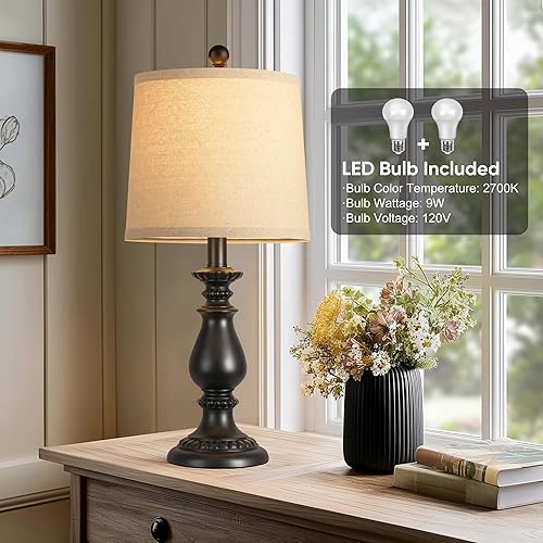 Miniatura 4 de QiMH Juego de 2 lámparas de mesa rústicas para sala de estar, lámpara de mesita de noche vintage con interruptor giratorio, lámparas de mesa Negro