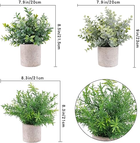 Miniatura 6 de Paquete de 3 mini plantas artificiales en maceta, plantas de eucalipto sintético, boj y romero en macetas, pequeñas plantas de interior para