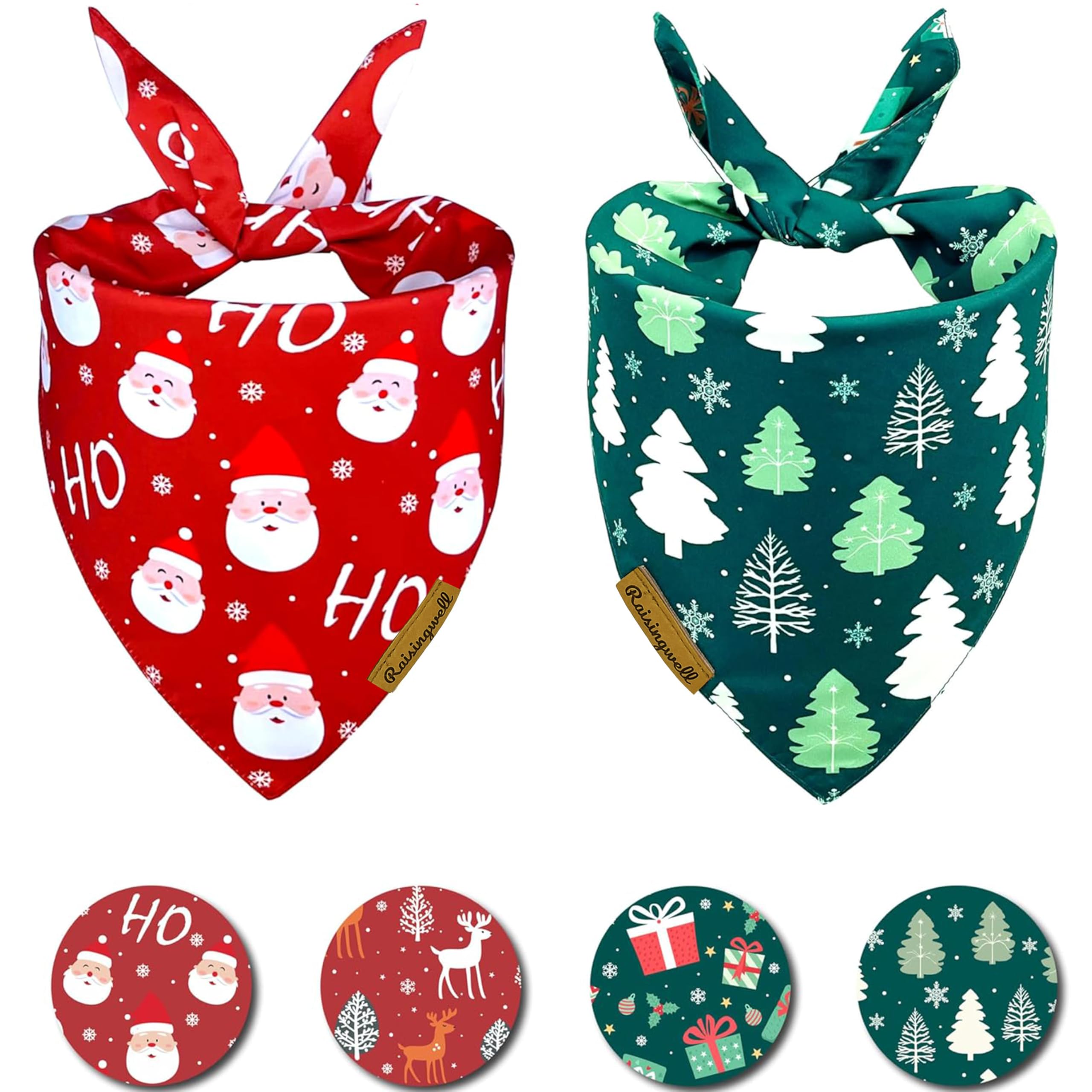 Raisingwell Christmas Dog Bandanas 2 Pack, 4 Pattern Reversible Holiday Bandana for Boy and Girl, Dog Scarf for Medium and Large Breed Dogs | Chritmas