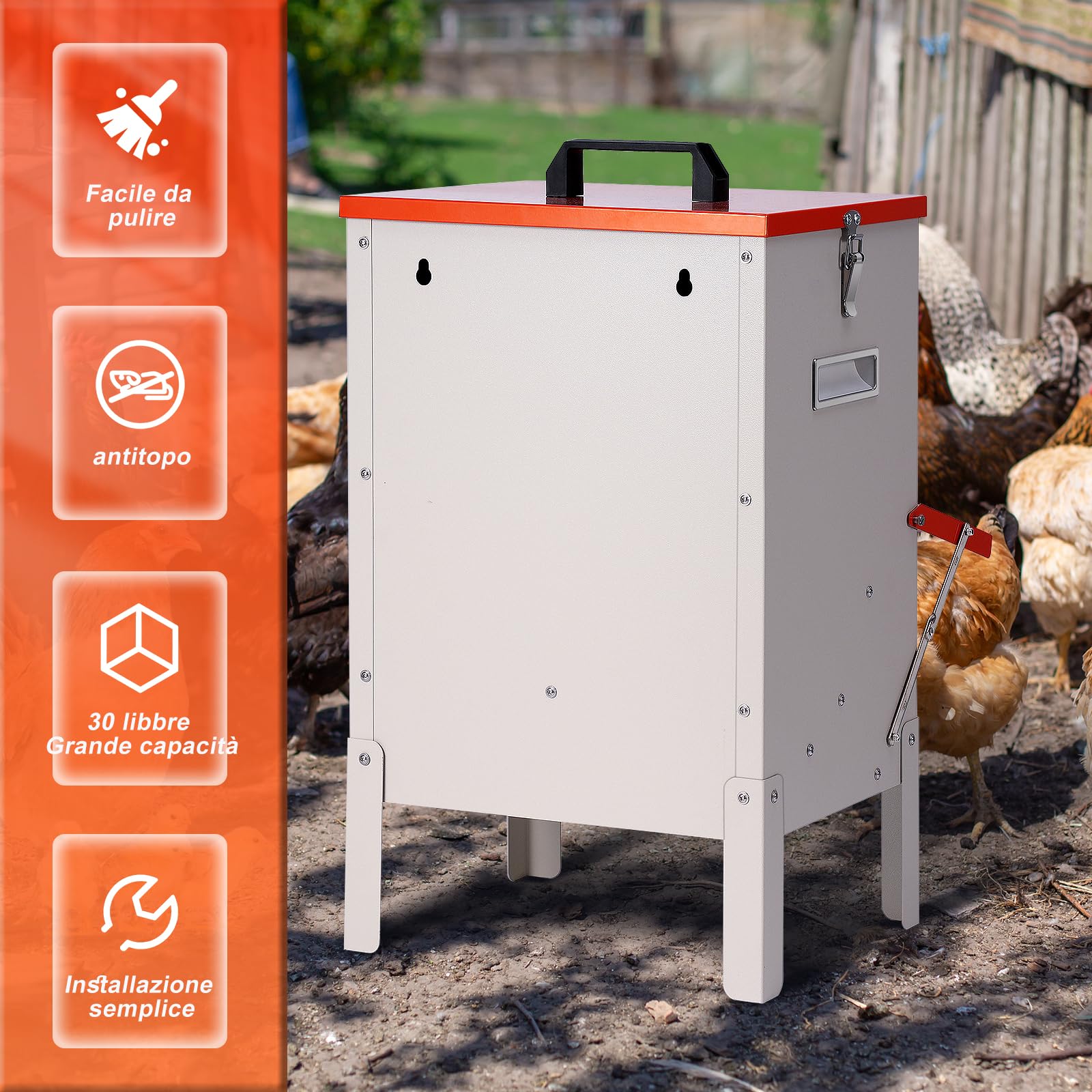 Mangeoire Automatique pour Poules avec Pieds Surélevés, Distributeur de Nourriture en Métal de 15KG, Installation Suspendue Possible, Solide et Durable
