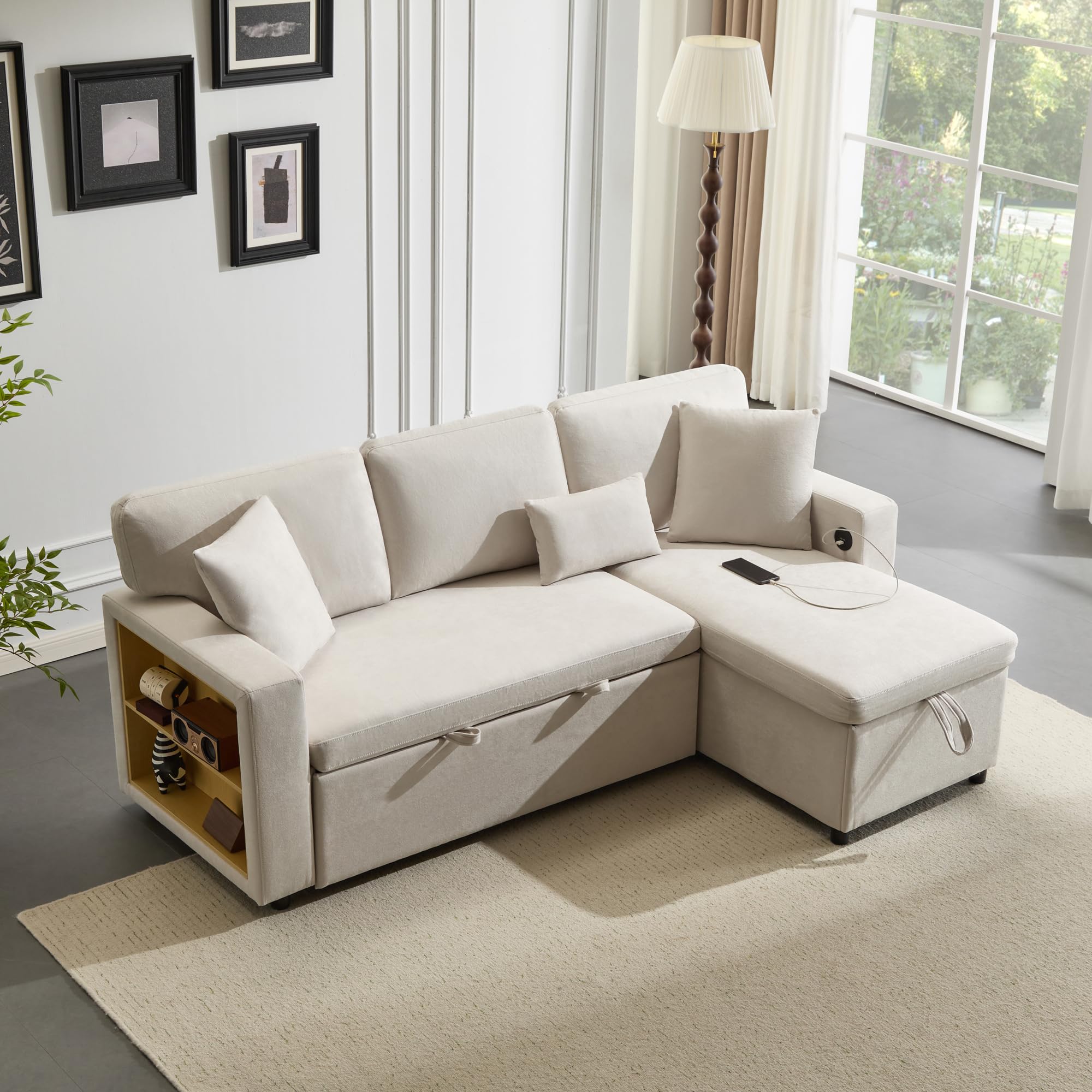 Divano angolare con funzione letto, divano letto a forma di L, allungabile con contenitore, pouf flessibile intercambiabile, divano a 3 posti con ottomana per soggiorno, beige (beige1, 3