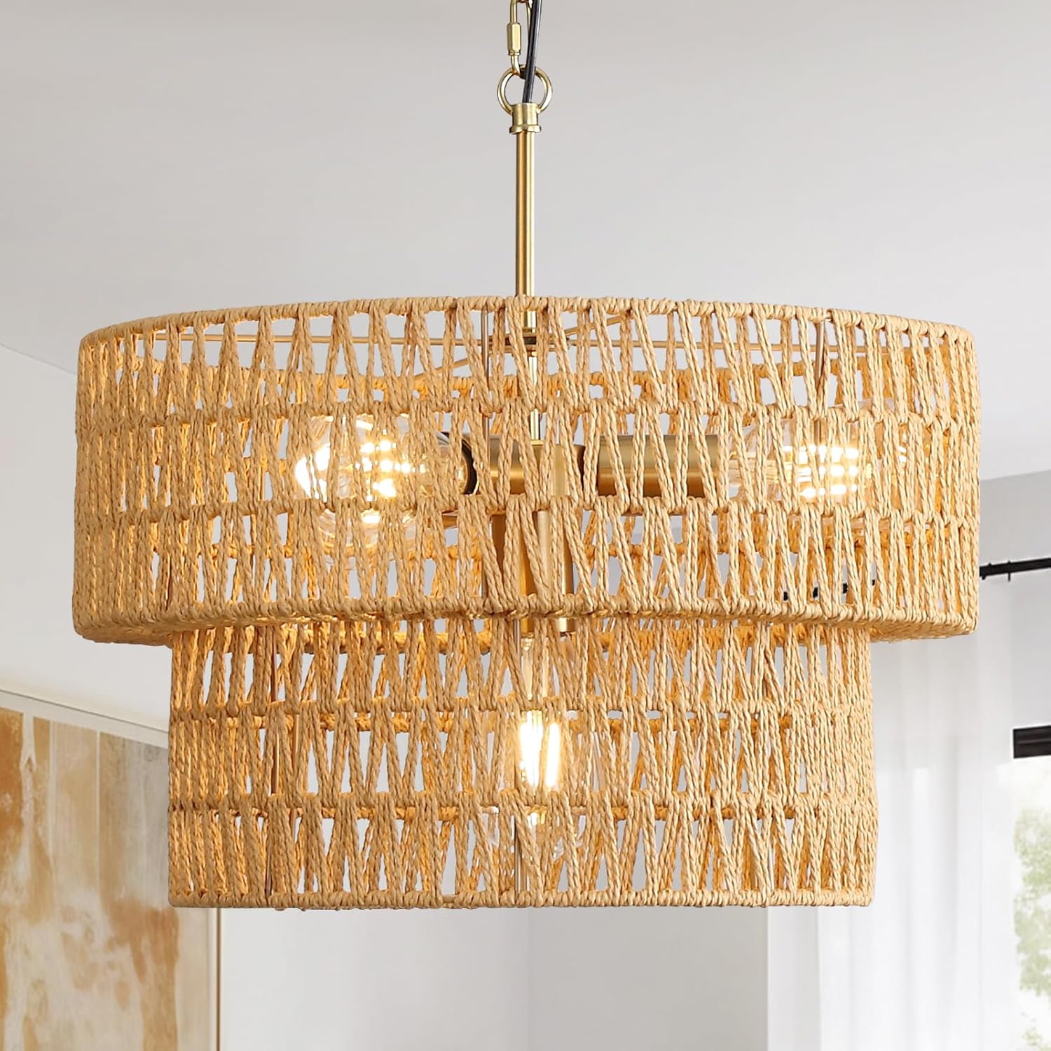 13.3'' Rattan Chandelier for Dining Room, Boho Pendant Lights Kitchen Island with Drum Hand Woven Wicker Shade, Farmhouse 2-Tier Golden Hanging Ceiling Light Fixtures for Entryway Living Room Foyer