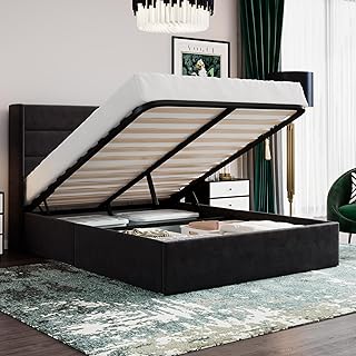 SHA CERLIN Full Size Lift Up Storage Bed/Velvet Upholstered/Modern Wingb...