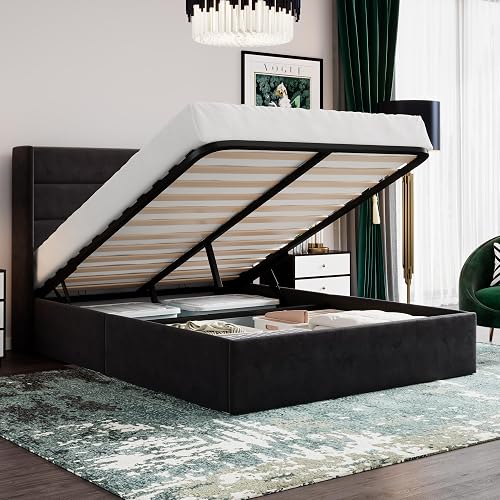 SHA CERLIN Queen Size Lift Up Storage Bed/Velvet Upholstered/Modern Wingback Headboard/Upholstered Platform Bed Frame/Hydraulic Storage/No Box Spring Needed/Black - Queen - Modern - Black