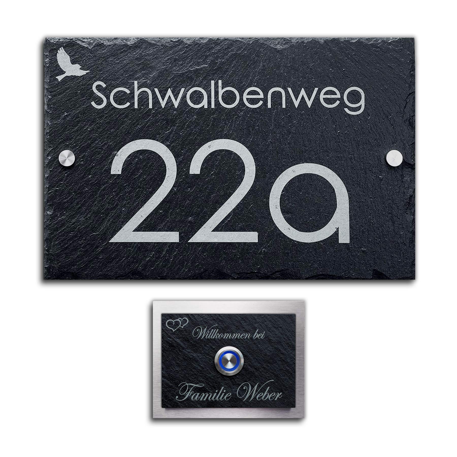 Schiefer Set Hausnummer + Klingel mit Gravur Türklingel inkl. LED Taster