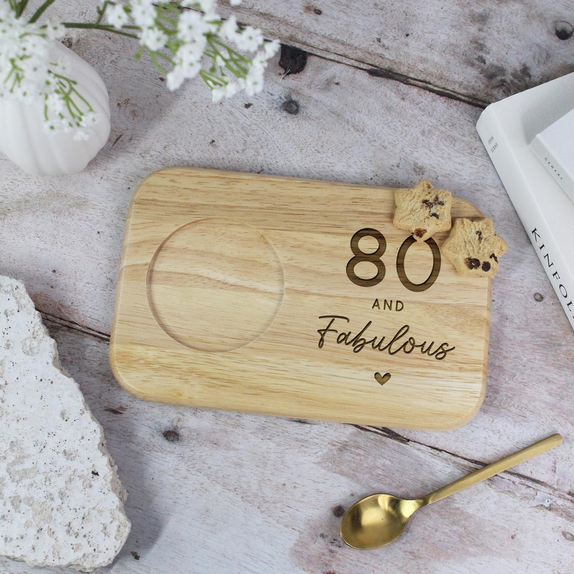 eBuyGB Engraved Tea & Biscuits Board, 80 and Fabulous Milestone Birthday, 80th Birthday Gift for Her, Grandma, Mum, Friend, Auntie, Wood Treat Board