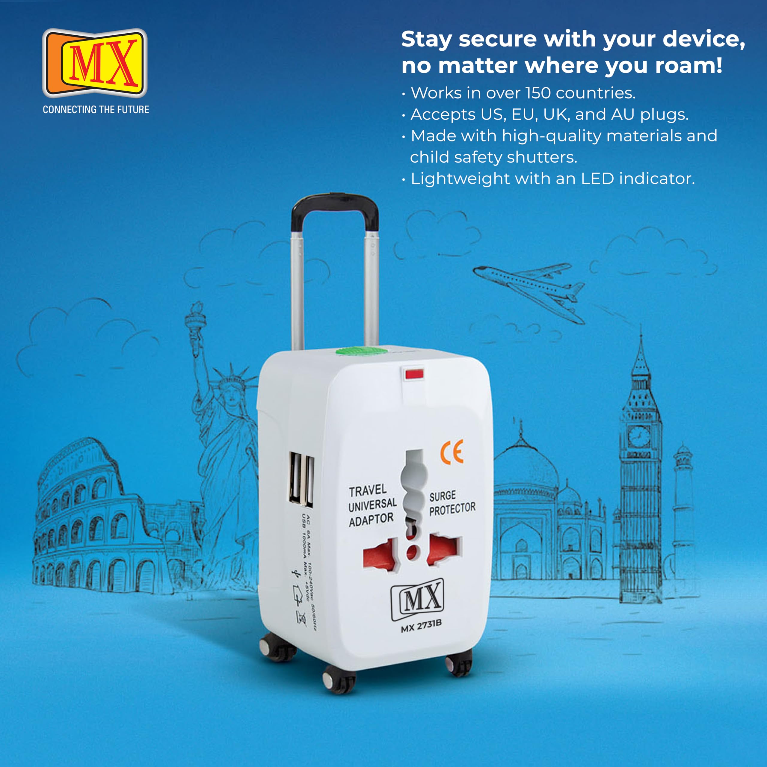 MX Universal Travel Adapter with USB Port All in one International Travel Adapter 150 Countries with LED Universal Socket Compatible in UK Europe USA China Japan & Thailand International Adapter — Amazon image 7