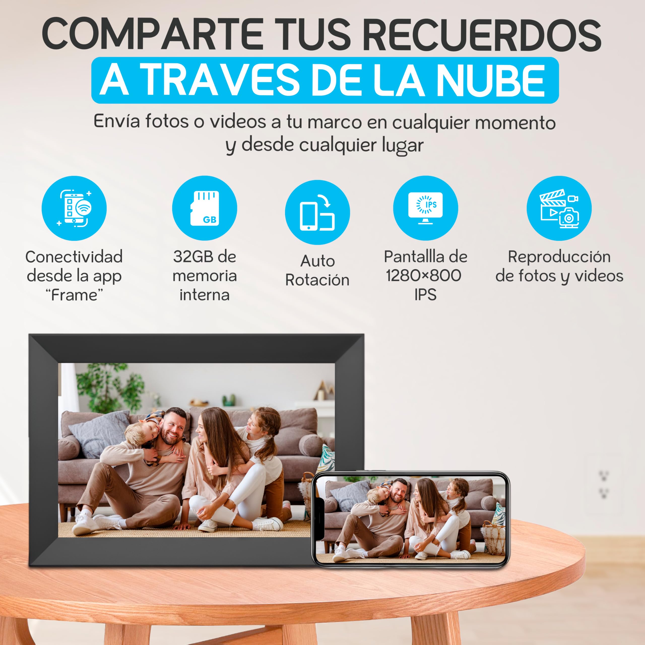 DIRU Marco de Fotos Digital WiFi 10.1" Táctil Full HD, 32 GB, Frameo App, Auto Rotación, Pantalla IPS, Reproduce Fotos y Videos