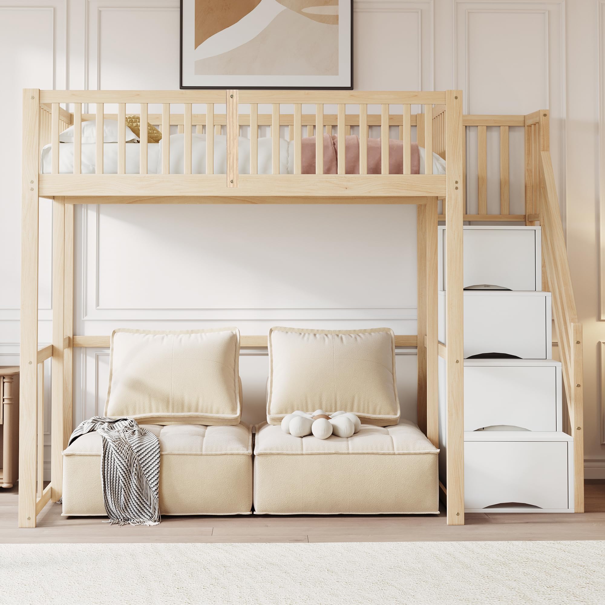 Merax Lit Mezzanine 140 x 200 cm, Multifonction Lit Enfant avec Espace de Rangement Escalier, Couleur Bois et Blanc (sans Matelas)