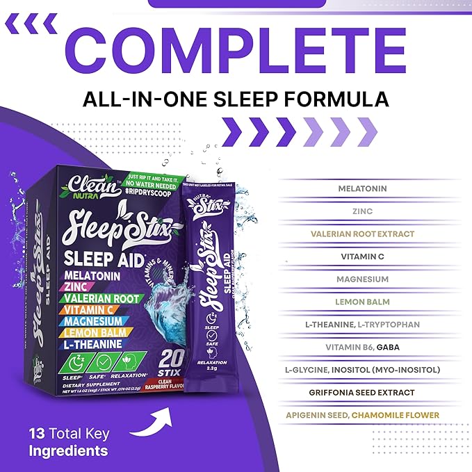 Sleep Aid Melatonin Powder Tryptophan Glycine Valerian Root Magnesium For Sleep Lemon Balm L Theanine Magnesium Glycinate Zinc Sleep Aid Myo Inositol GABACalm B6 5 HTP Stress Relief 20 Stix
