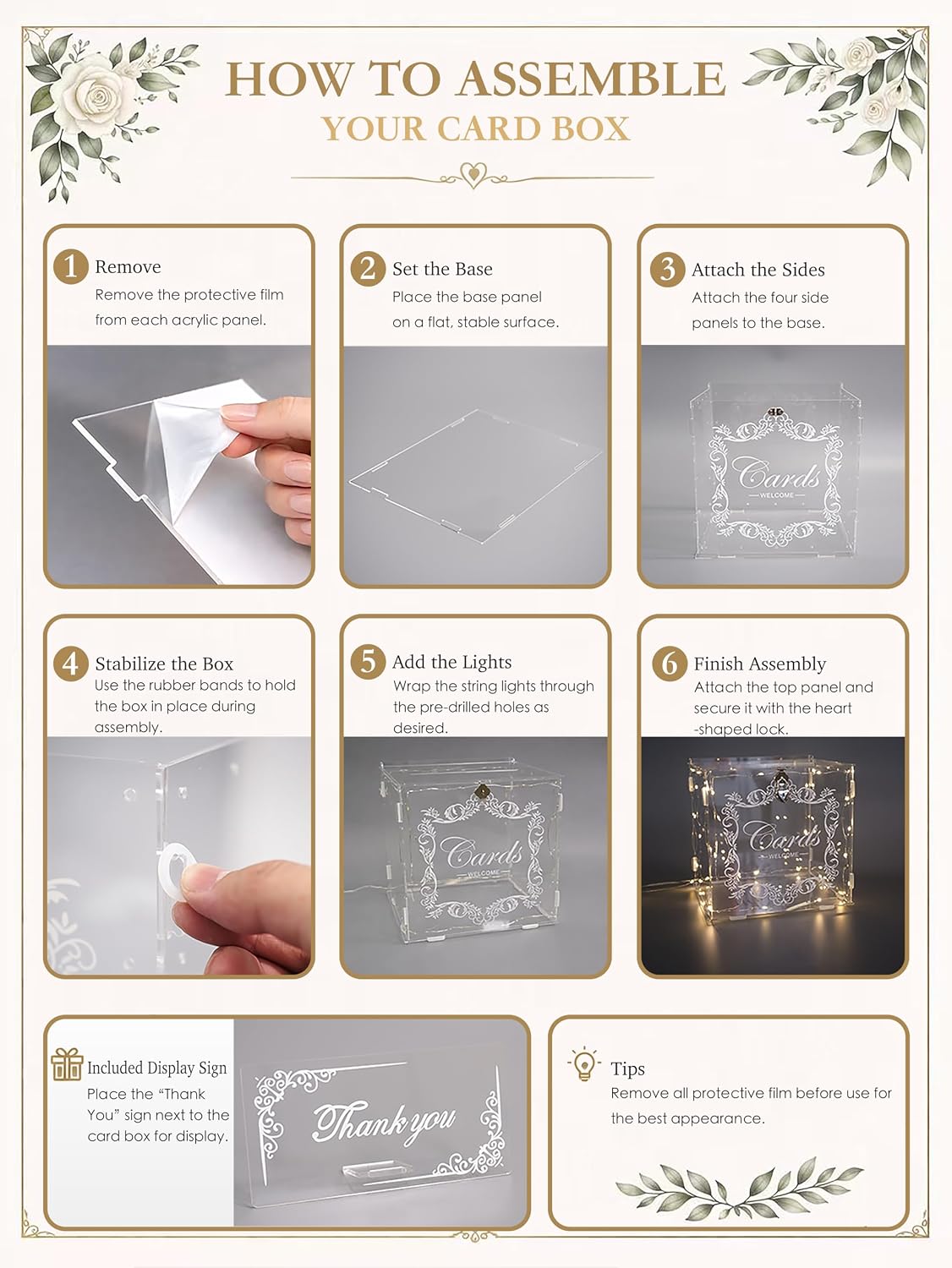 Wedding Card Box for Reception, Acrylic Card Box with Lock and Key, 3mm Top Lid, LED String Light, 7 in Slot, Holds 250-300 Cards for Graduation, Baby Shower, Sweet 16