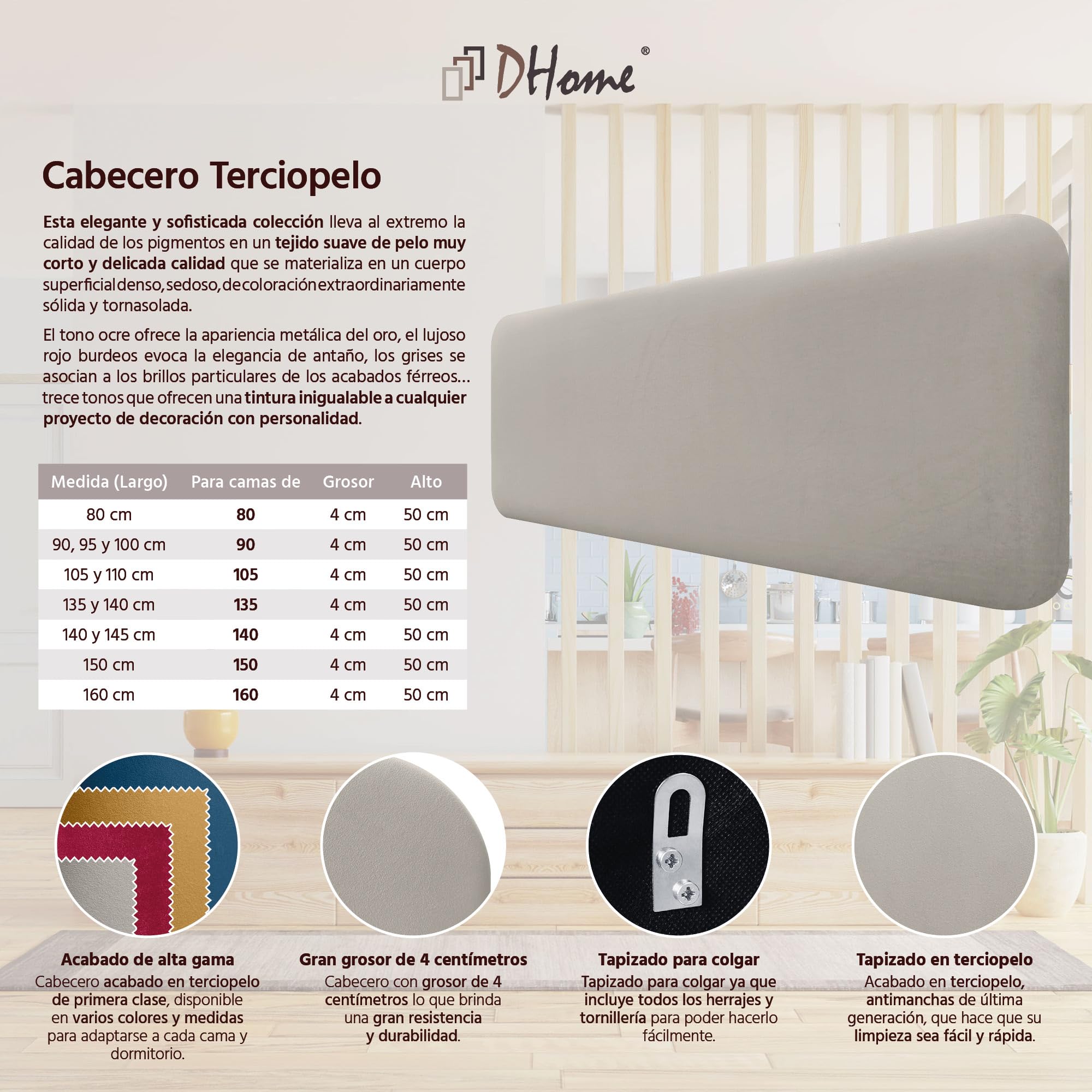 DHOME Tête de Lit Capitonnée Lisse Arrondie en Velours pour Mur Têtes de Lit Acoustiques Absorbantes pour Chambre à Coucher (Beige, 145cm)