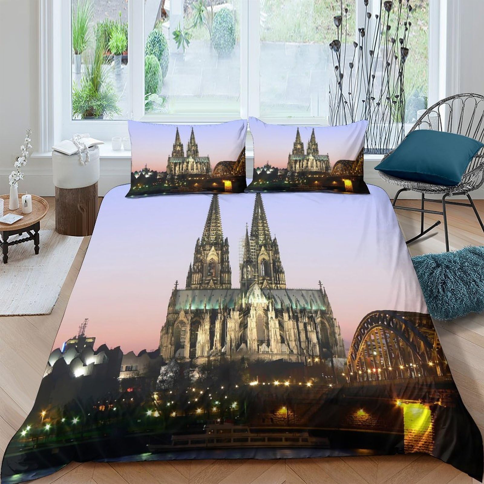 Ctjqhvkz Style-3 3D Printed Cologne Cathedral Night View Fitted Sheet Microfiber Bed Sheet Anti-Slip Easy Care Bedroom Decor Single（135X200cm）