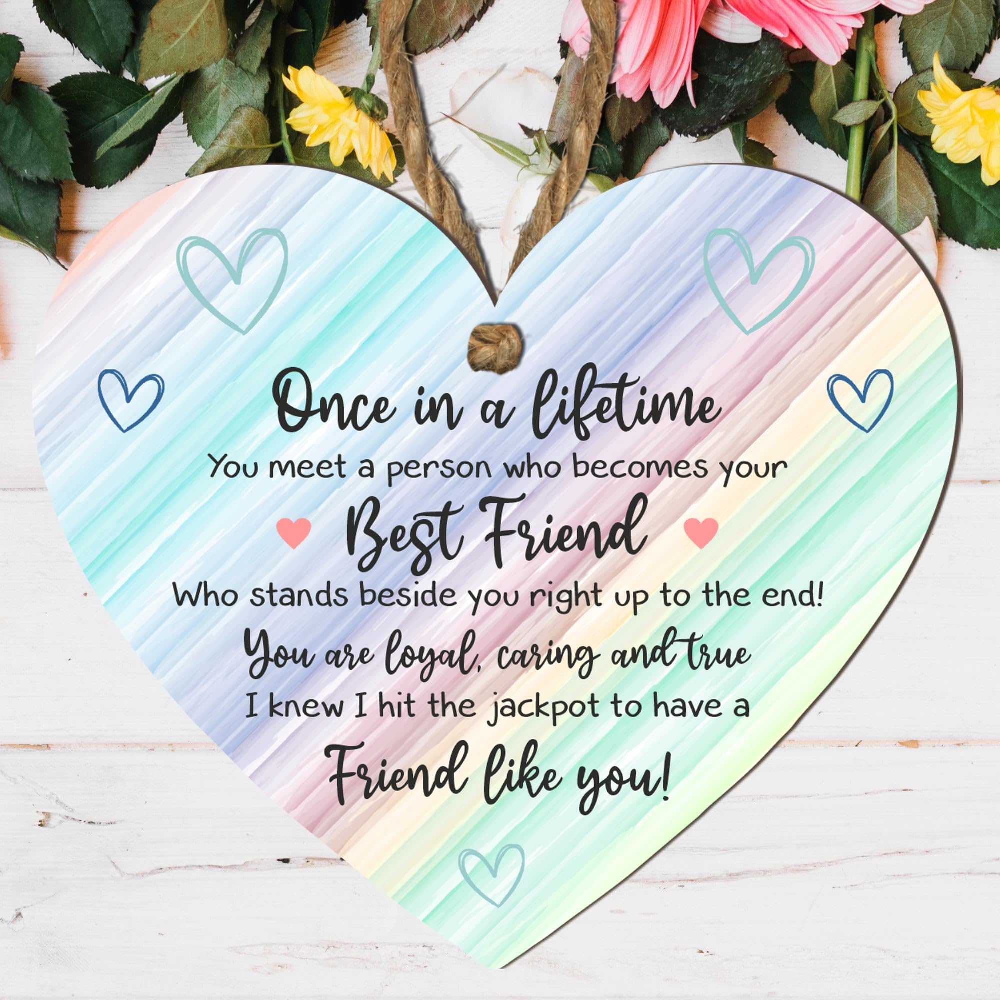 Once in a Lifetime Best Friend Plaque | Friendship Gifts | Shabby Chic Heart Hanging Decor | Special Friend Thank You Gift (Pastel Rainbow, Medium: 15 cm (H) × 13 cm (W))
